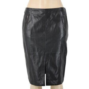 Halogen Sz 8 Black Zip Pockets Knee Length 100% Leather Polyester Lined Skirt